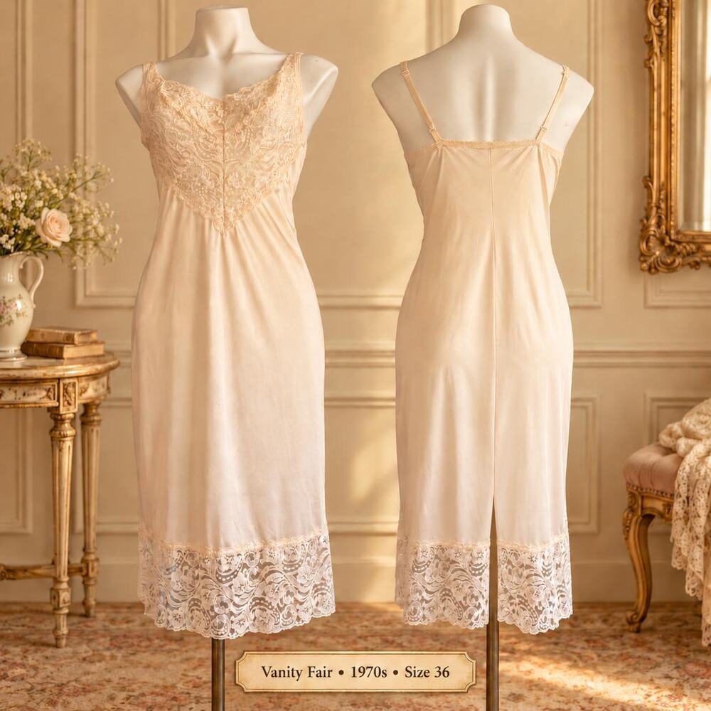 Vintage Vanity Fair 1970s Nylon Full Slip Nude Lace Bodice Lace Hem Size 36